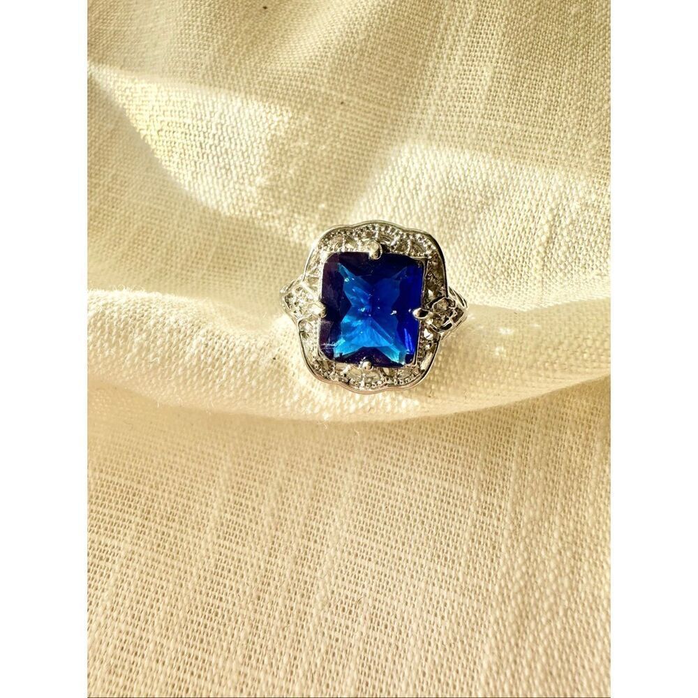 Bright blue cubic zirconia elongated radiant cut cocktail ring